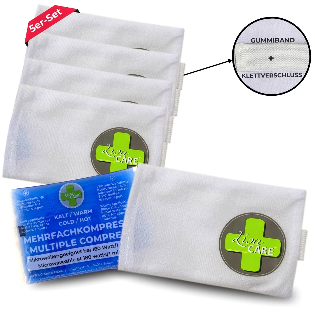 LisaCare Vlieshülle für Kühlpads - 5x Hülle-Kühlkompresse mit Klettverschluss - Gel-Kühlpack Schutzhülle mit Gummiband - 3 Größen verfügbar