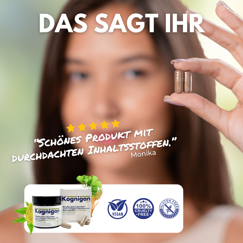 Kognigan Focus Supplements - Gehirn Kapseln - Brain Booster für Konzentration-, Gedächtnis- & mentale Unterstützung