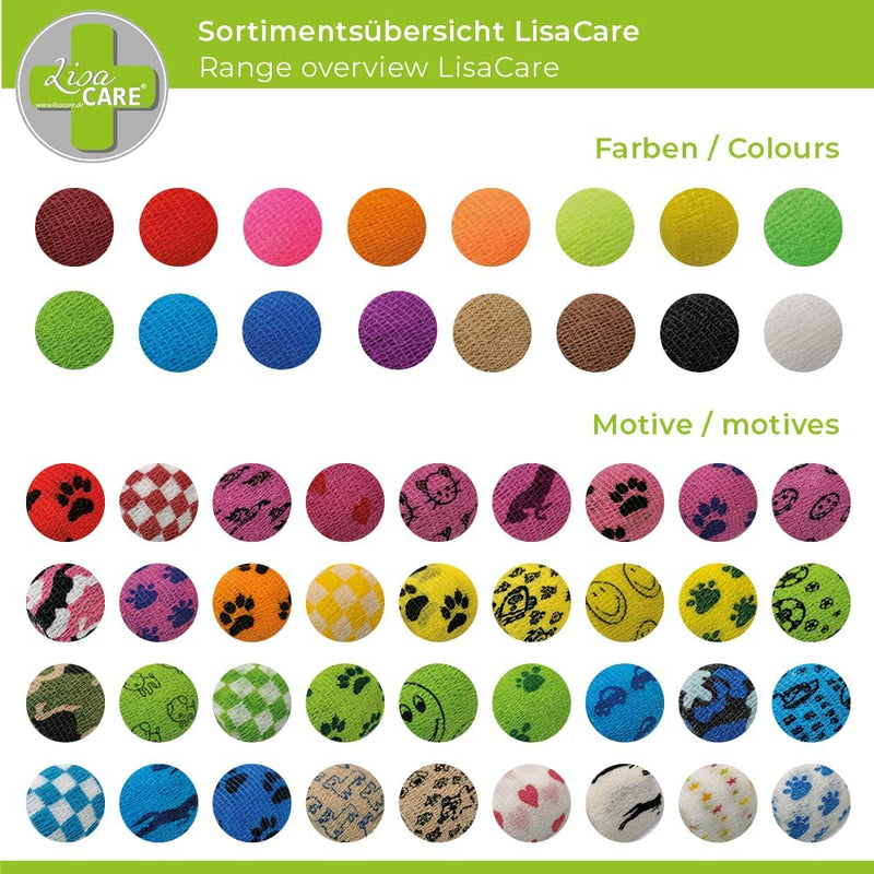 Sortimentsübersicht von LisaCare Bandagen, 16 uni Farben und 36 verschieden Motive. Verbandsmaterial für Mensch & Tier