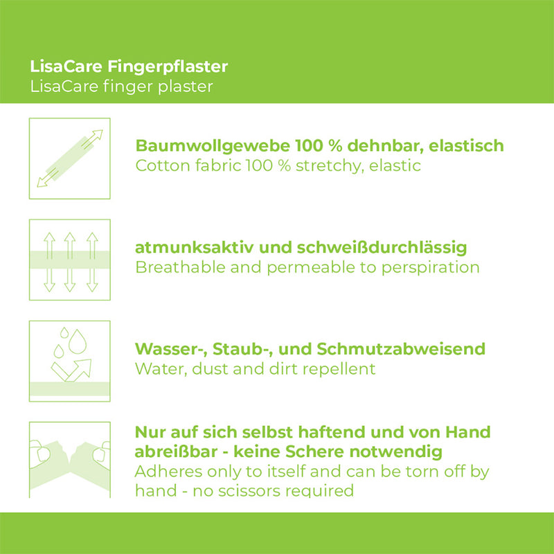 Erklärgrafik bezüglich der Eigenschaften, elastisch, atmunksaktiv, schweißdurchlässig, Wasser-, Staub- und Schmutzabweisend., auf sich selbst haftend, mit der Hand reißbar.