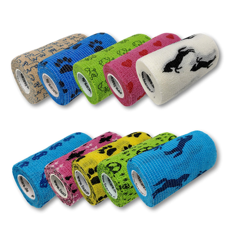 LisaCare Bandage de sport élastique cohésif Bandage auto-adhésif pour cheval - lot de 10 - 10 cm de large x 4,5 m extensible avec des motifs et des couleurs dans un mélange 2