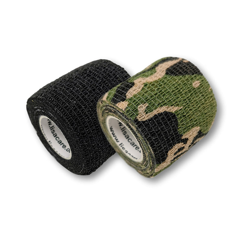 Bandage LisaCare 5 cm de large x 4,5 m de long Ensemble de 2 couleurs noir + vert camo | Bandage cohésif | Pansement | Band Aid | élastique, extensible, auto-adhésif, sans colle