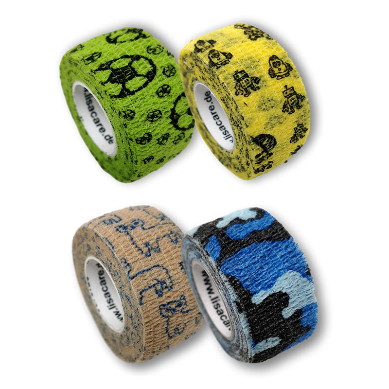 LisaCare Haftbandage_4er-Set, 2,5cm, Fussball, Rakete Alpaka und Camouflage Motiv