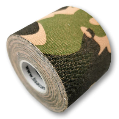 5cm breites Kinesiologie Tape auf Rolle in gruen mit camouflage Muster von LisaCare