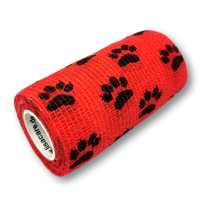 10cm Rolle kohäsives Fingerpflaster in rot mit Pfoten Motiv