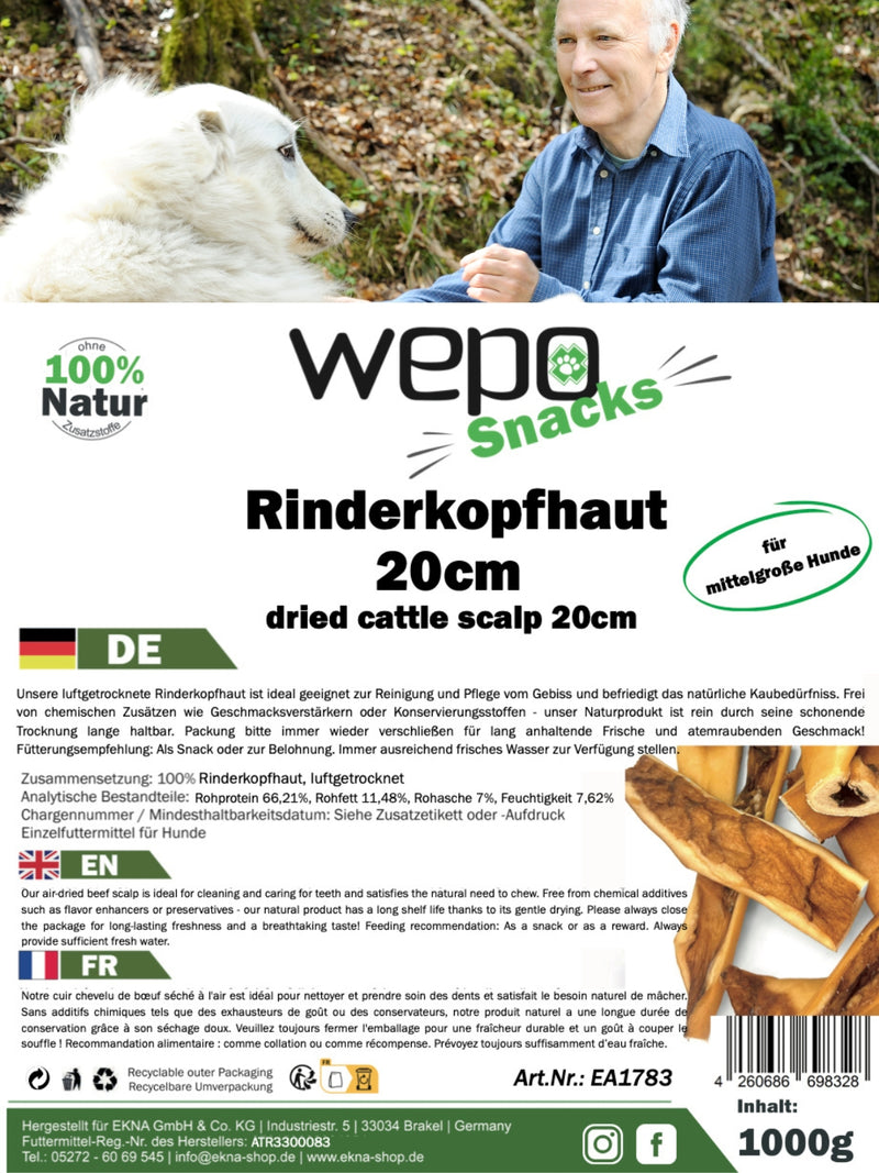 WEPO Rinderkopfhaut für Hunde 1kg - Kausnack Hund - getrocknete Rinderkopfhaut 20cm - Hunde Snack - Natürliche Zahnreinigung, naturbelassen & gesund!