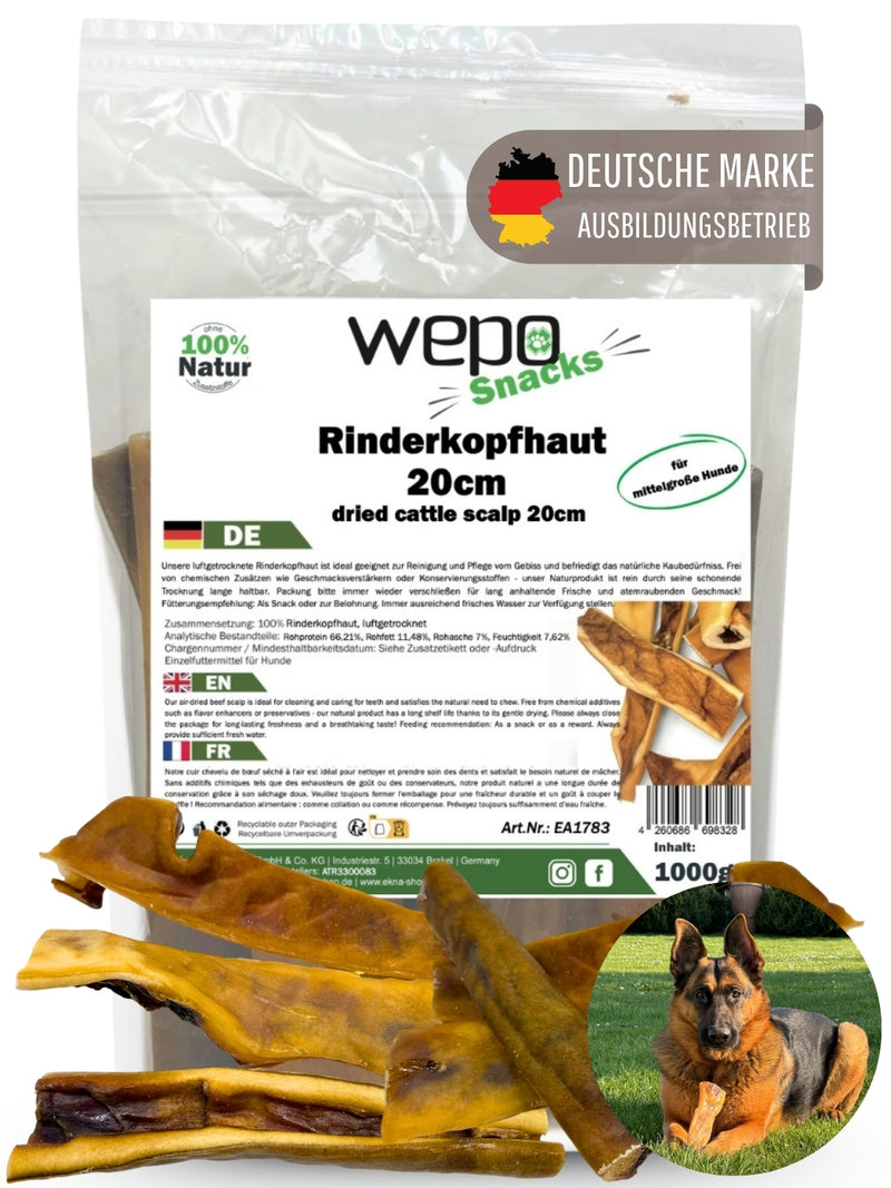 WEPO Rinderkopfhaut für Hunde 1kg - Kausnack Hund - getrocknete Rinderkopfhaut 20cm - Hunde Snack - Natürliche Zahnreinigung, naturbelassen & gesund!