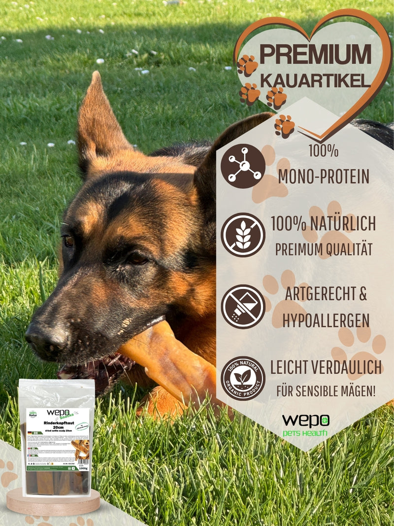 WEPO Rinderkopfhaut für Hunde 1kg - Kausnack Hund - getrocknete Rinderkopfhaut 20cm - Hunde Snack - Natürliche Zahnreinigung, naturbelassen & gesund!