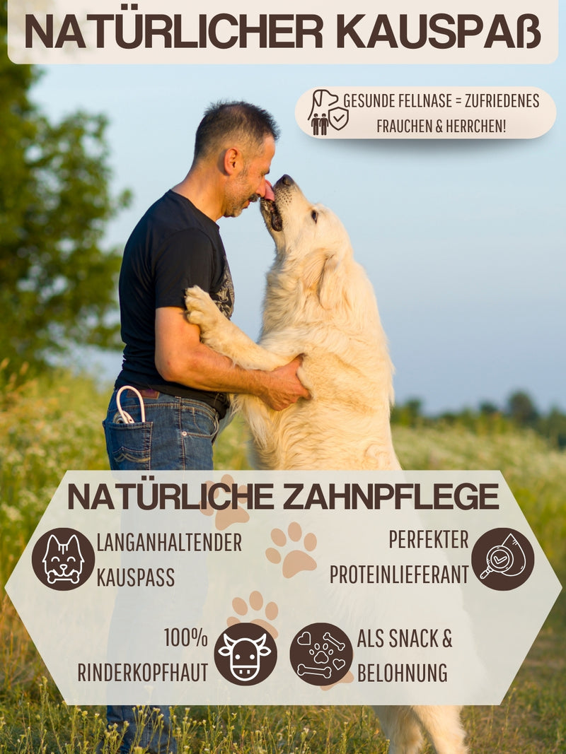 WEPO Rinderkopfhaut für Hunde 1kg - Kausnack Hund - getrocknete Rinderkopfhaut 20cm - Hunde Snack - Natürliche Zahnreinigung, naturbelassen & gesund!