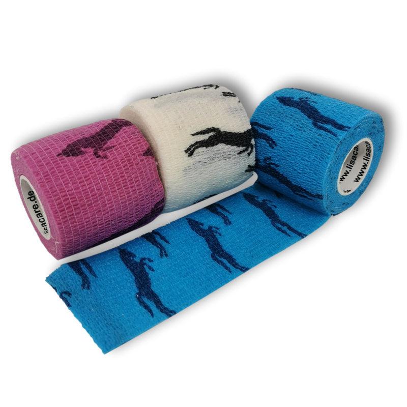 Kohäsive Bandage mit Pferdemotiv in 5cm x 4,5m. 3 Rollen in Pink weiß und blau. LisaCare Verbandsmaterial für Mensch und Tier geeignet.