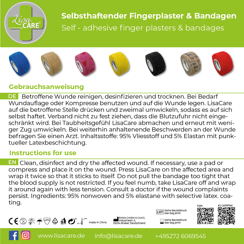 LisaCare Fingerpflaster - 4er-Sets mit Farbauswahl - Pflasterverband 2,5cm x 4,5m